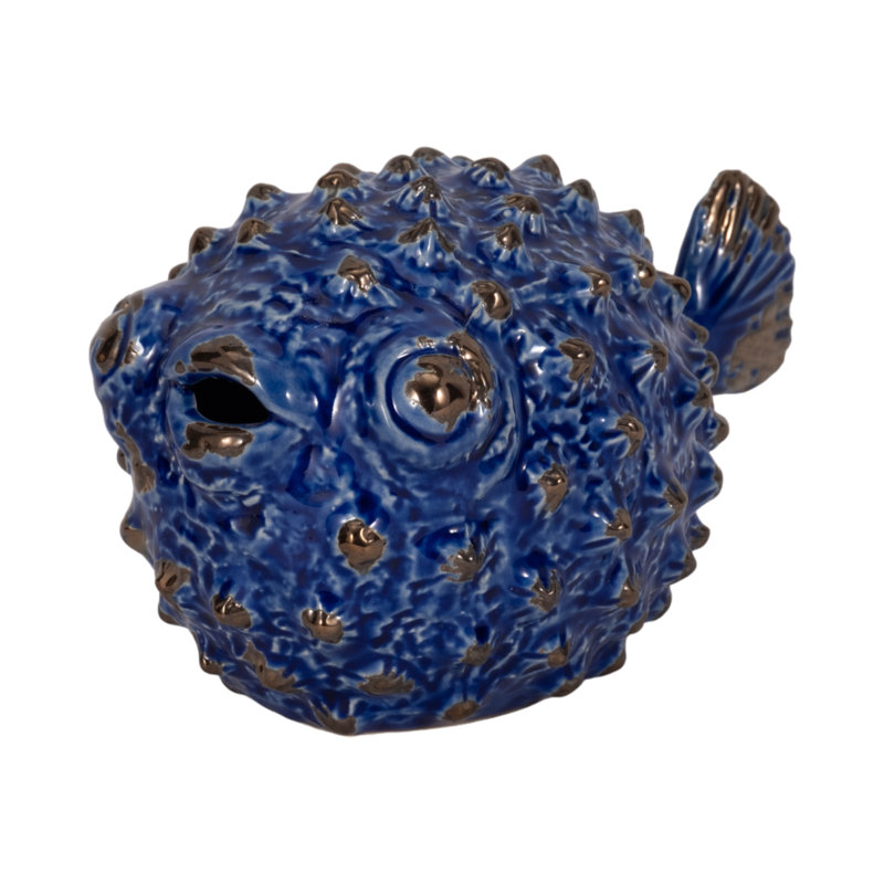 Teegan Blowfish Sculpture Ceramic Fish Figurine Ocean Beach Theme Contemporary Coastal Decorative Accent Statue for Home or Office Decor 5.5 H